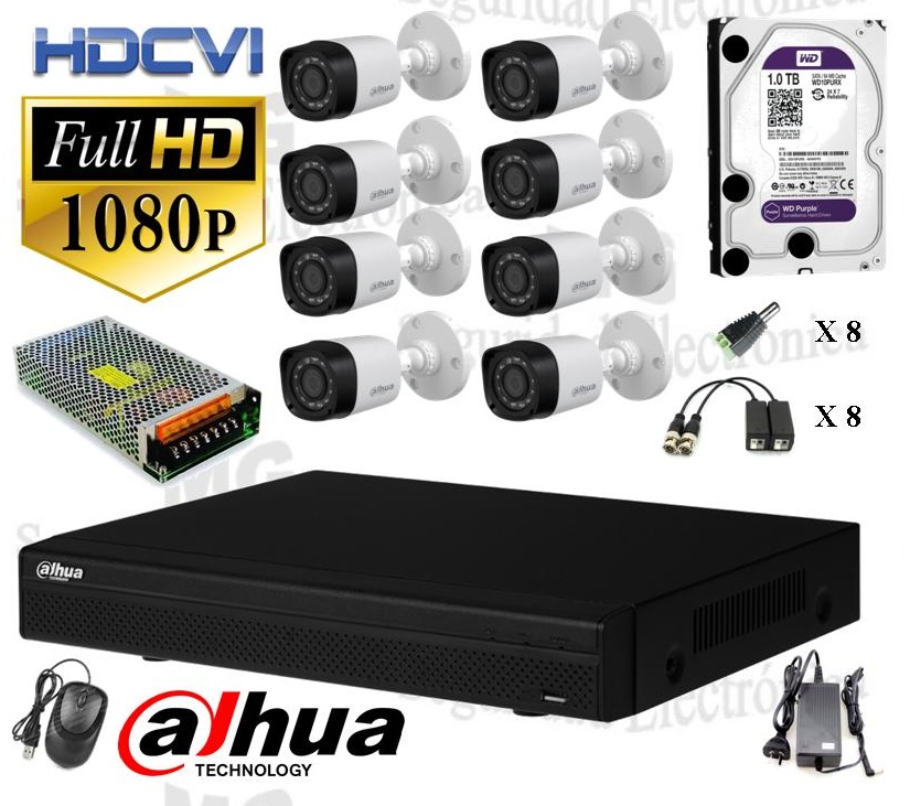 DVR, disco 1 TB, 8 cámaras bullet, balunes, fuente centralizada y conectores.